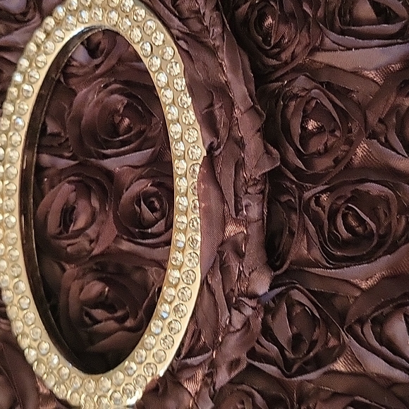 NEW Brown Organza Clutch, Rosettes, Rhinestone Clasp & Silver-tone Strap - Picture 3 of 12